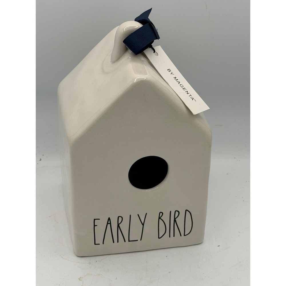 Rae Dunn EARLY BIRD Ceramic Birdhouse White Magenta Blue Ribbon Tag